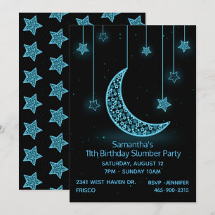 Convite de aniversário Neon Blue Moon e Stars