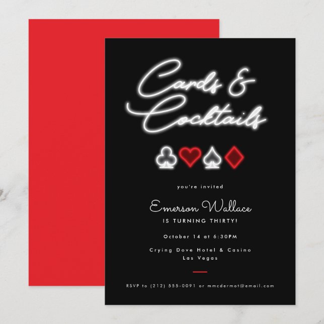 Convite de aniversário Neon Cards & Cocktails (Frente/Verso)