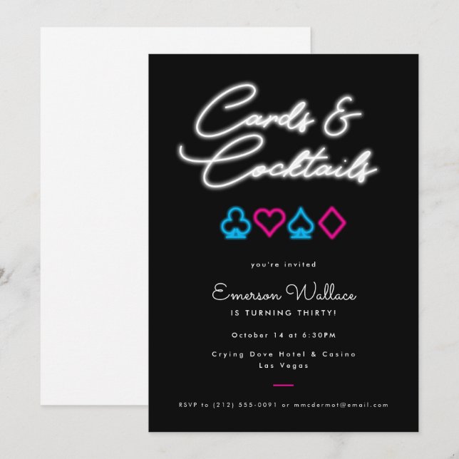 Convite de aniversário Neon Cards & Cocktails (Frente/Verso)
