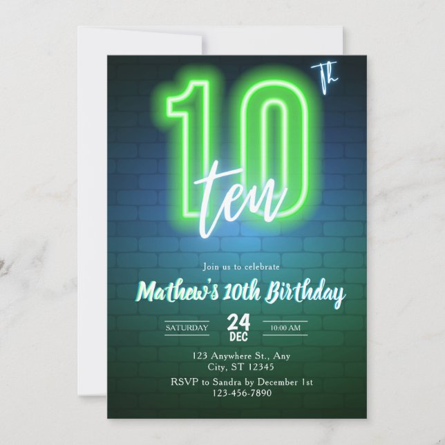 Convite de aniversário Neon Décimo (Frente)