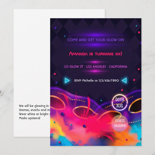 Convite de Aniversário Neon Glow (Frente/Verso)
