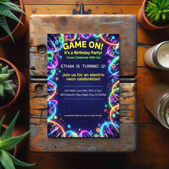 Convite de Aniversário Neon Glow Brthday Party (Criador carregado)