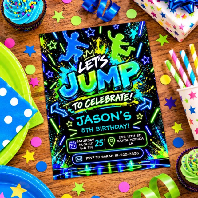 Convite de Aniversário Neon Jump (Neon Jump Birthday Invitation)