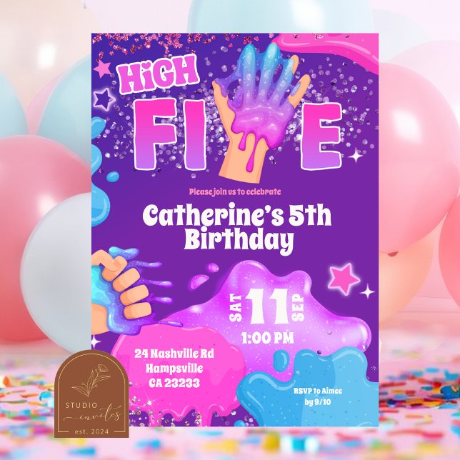 Convite de Aniversário Neon Rosa Roxo Slime High F (Criador carregado)