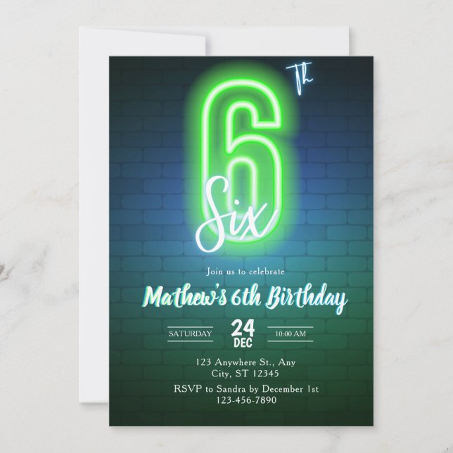 Convite de aniversário Neon Sixth (Frente)