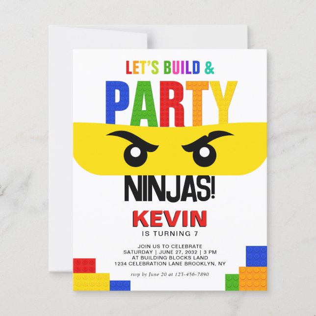 Convite de Aniversário Ninja de Blocos de Construç (Frente)