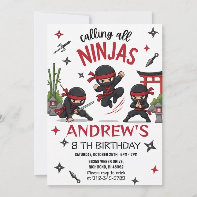 Convite de Aniversário Ninja Personalizado (Frente)
