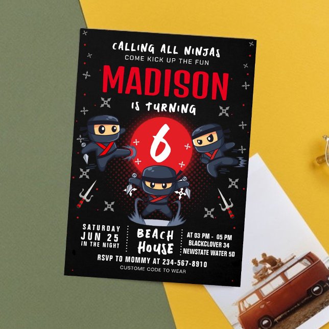 Convite de aniversário Ninja Preto (Black Ninja Birthday Party Invitation)