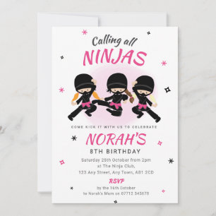 Convite de Aniversário Ninja Rosa para Meninas Fes