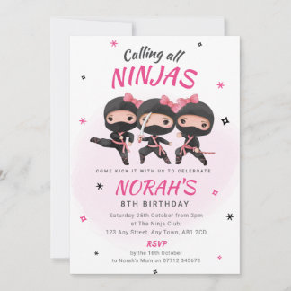 Convite de Aniversário Ninja Rosa para Meninas Fes