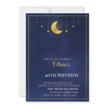 Convite de Aniversário Noite Estrelada, Lua Dourad
