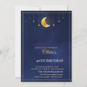 Convite de Aniversário Noite Estrelada, Lua Dourad