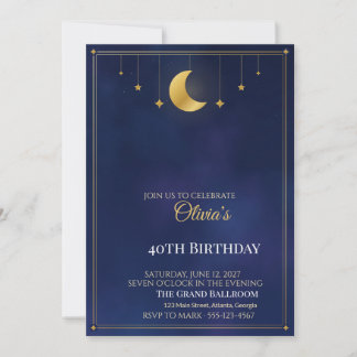 Convite de Aniversário Noite Estrelada, Lua Dourad