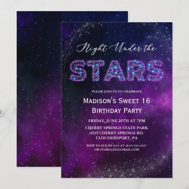 Convite de Aniversário Noite Sob as Estrelas (Frente/Verso)