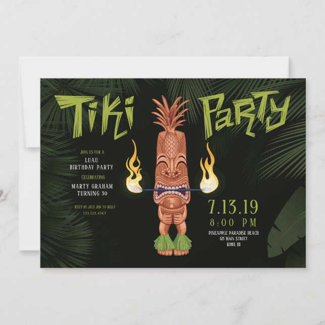 Convite de Aniversário Noturno Tiki Luau (Frente)