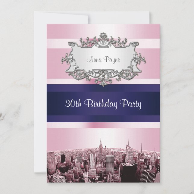 Convite de Aniversário NYC Etched Skyline 2 Pink B (Frente)