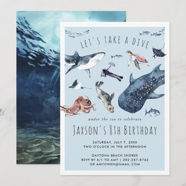 Convite de Aniversário | Oceano Aquarela (Frente/Verso)