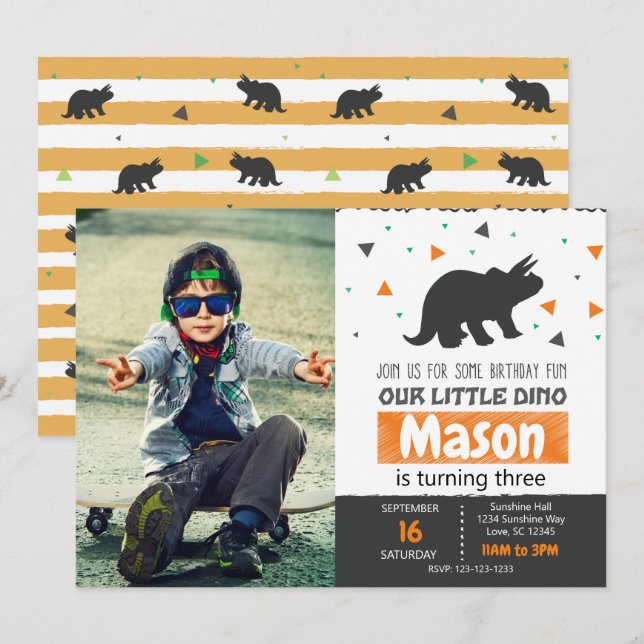 Convite de aniversário Orange Dino com foto (Frente/Verso)