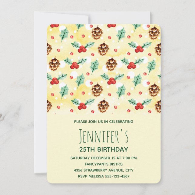 Convite de Aniversário Padrão de Inverno com Pinha (Frente)