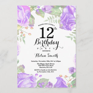 Convite de Aniversário para 12 Floral Roxo Botânic