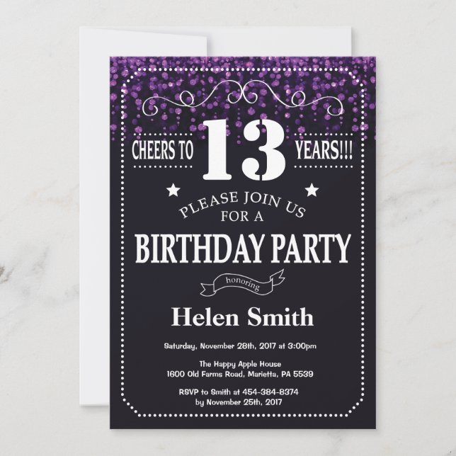 Convite de Aniversário para 13 de Glitter Roxo (Frente)