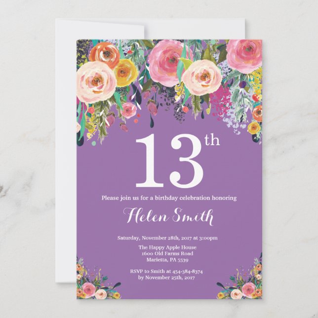 Convite de Aniversário para 13 Floral Roxo (Frente)