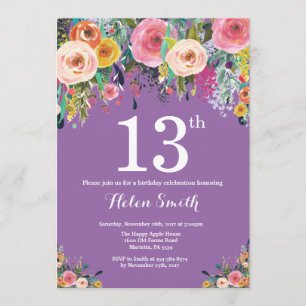 Convite de Aniversário para 13 Floral Roxo