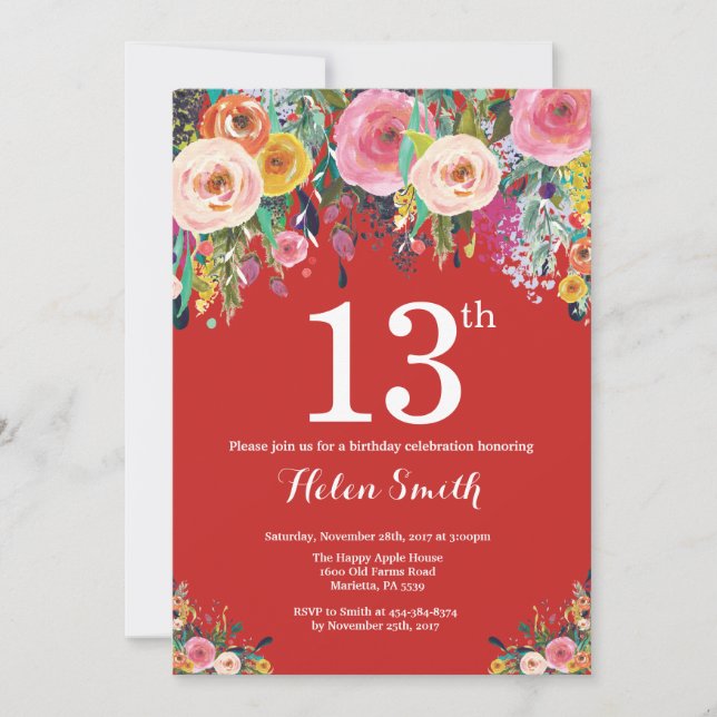Convite de Aniversário para 13 Floral Vermelho (Frente)
