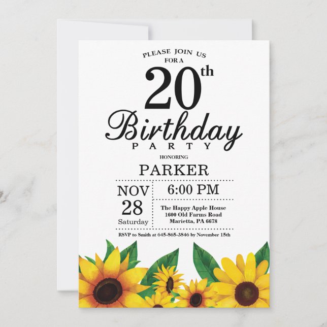Convite de Aniversário para 20 de Girassol (Frente)