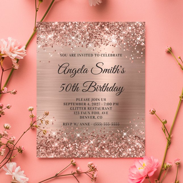 Convite de aniversário para 50. º Aniversário, Ros (Glittery Rose Gold Foil 50th Birthday Invite)