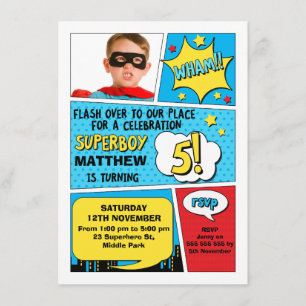 Convite de aniversário para 5 de Foto Super Herói 