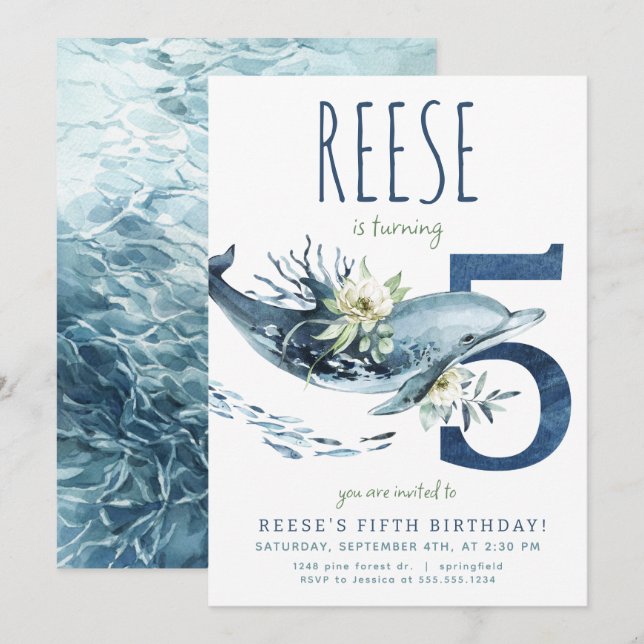 Convite de aniversário para 5 de golfinhos (Frente/Verso)