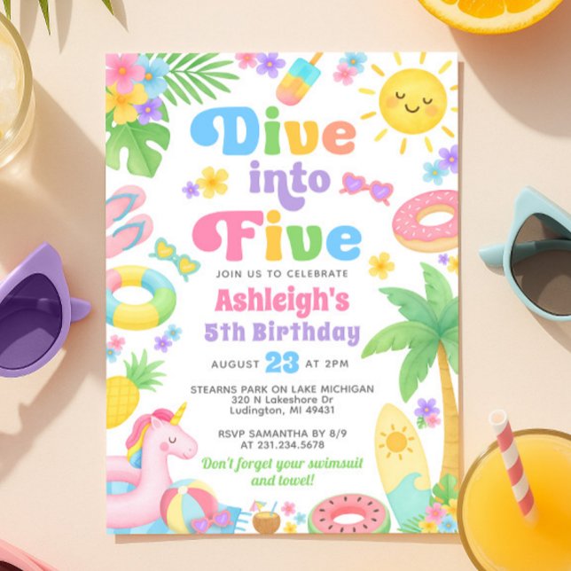 Convite de Aniversário para 5 de Verão - Mergulhe  (Summer 5th Birthday Invitation - Dive into Five
)