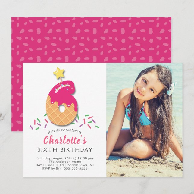 Convite de aniversário para 6 de Sorvete de fotogr (Frente/Verso)