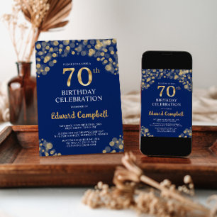 Convite de Aniversário para 70 Azul e Dourado do M