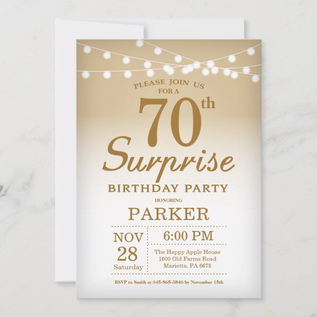 Convite de Aniversário para 70 de Surpresa Dourado (Frente)