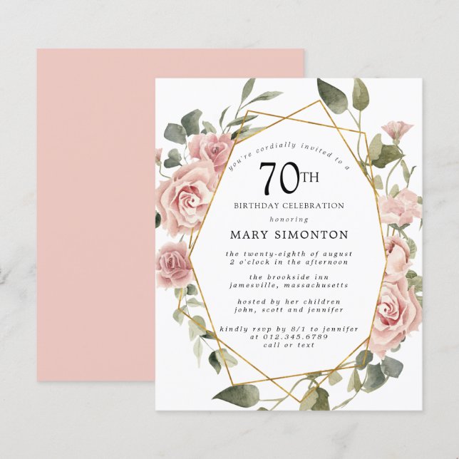 Convite de Aniversário para 70 Floral Rosa de Orça (Frente/Verso)