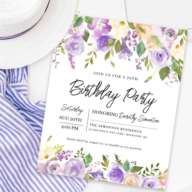 Convite de Aniversário para 70 Floral Roxo de Orça (Matching welcome signs and party supplies available. Message me for help to find them!)