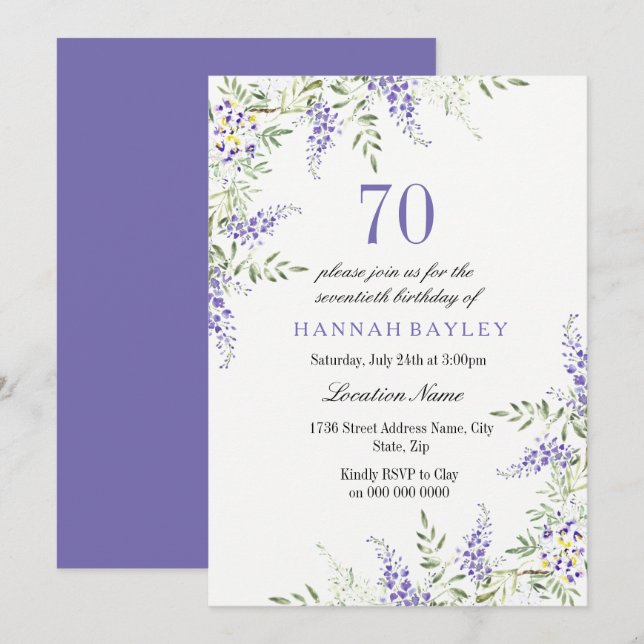 Convite de aniversário para 70 Roxo Elegante (Frente/Verso)