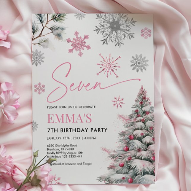 Convite de aniversário para 7, 7 de inverno, rosa- (Criador carregado)