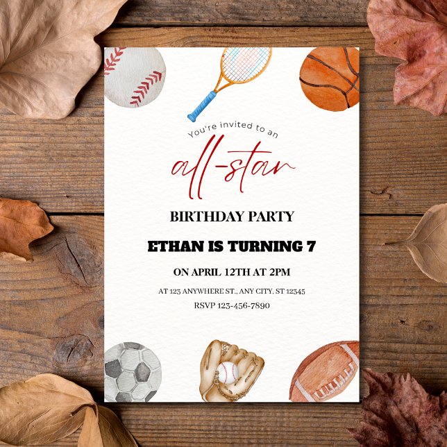 Convite de Aniversário para 7 de Esporte All-Star  (Watercolor All-Star Sports 7th Birthday Invitation
)