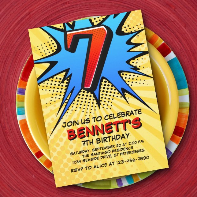 Convite de aniversário para 7 de Super Herói (Criador carregado)