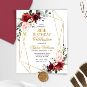 Convite de Aniversário para 80 de Blush e Borgonha