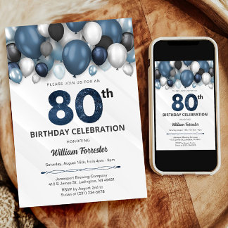 Convite de Aniversário para 80 de de Prata Azul Pr