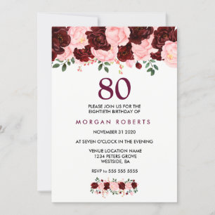 Convite de Aniversário para 80 de Flores Rosa e Bo