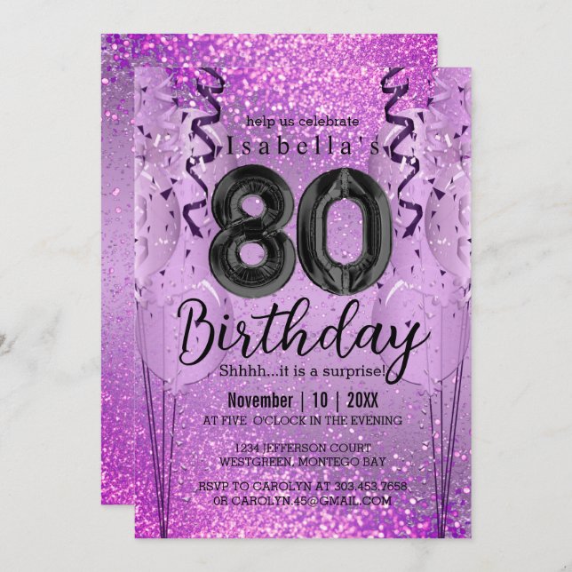 Convite de Aniversário para 80 de Glitter Roxo e R (Frente/Verso)