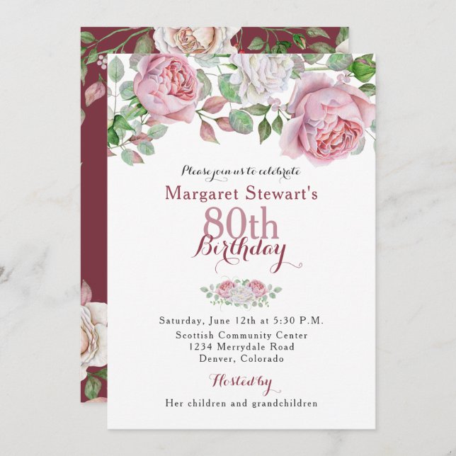 Convite de Aniversário para 80 de Rosa de País Ros (Frente/Verso)