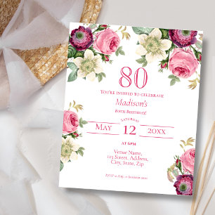 Convite de Aniversário para 80 Floral de Magenta