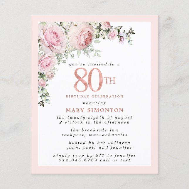 Convite de Aniversário para 80 Floral Rosa de Orça (Frente)