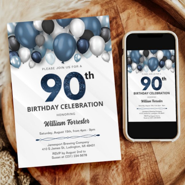 Convite de Aniversário para 90 de de Prata Azul Pr (Blue Silver Black & White 90th Birthday Invitation)